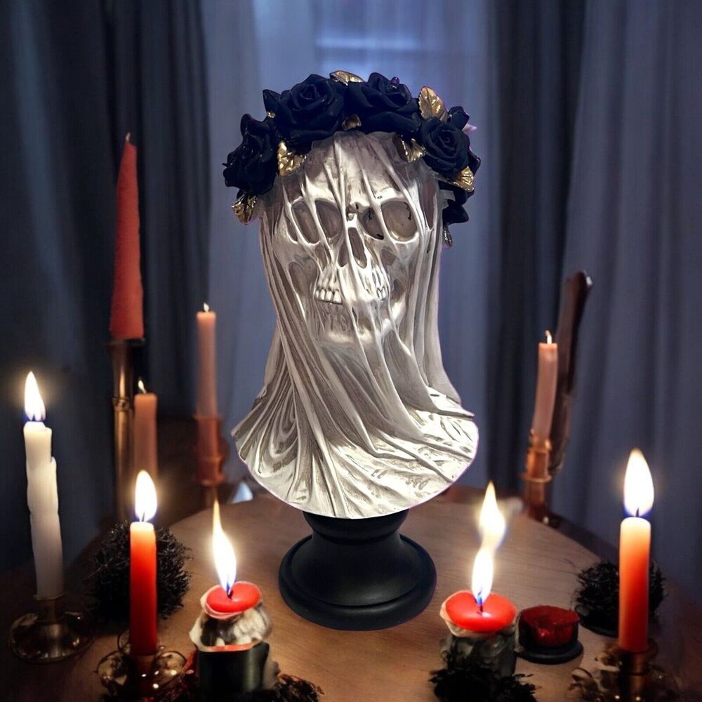 Veiled Lady Woman  Skeleton Bust Light Up LED Figure Goth Decor Halloween